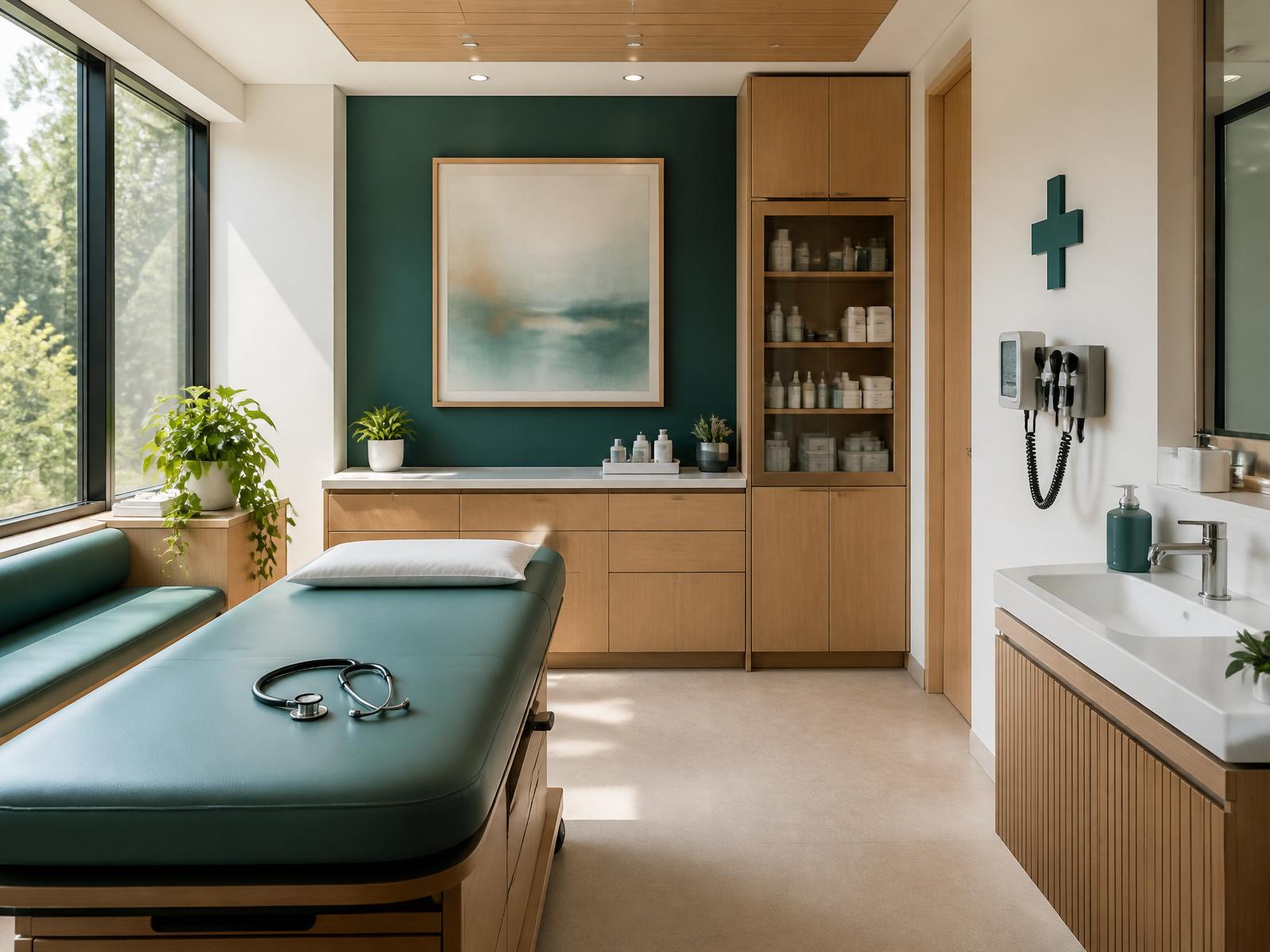 Modern medical facility reception with warm timber, teal accents and natural light